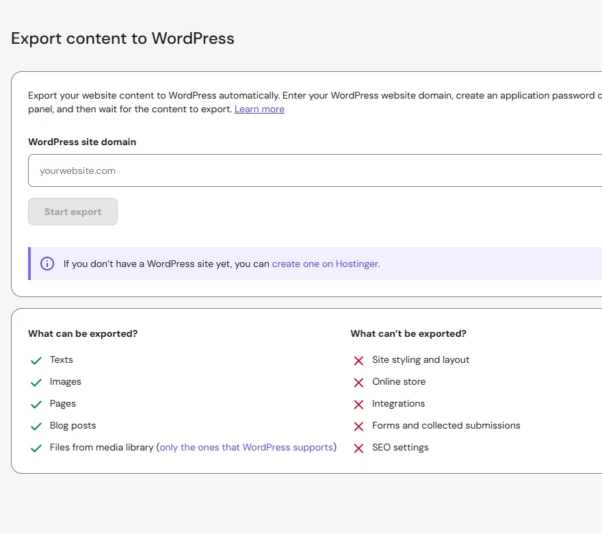 Hostinger: What Hostinger can and can't export to WordPress.