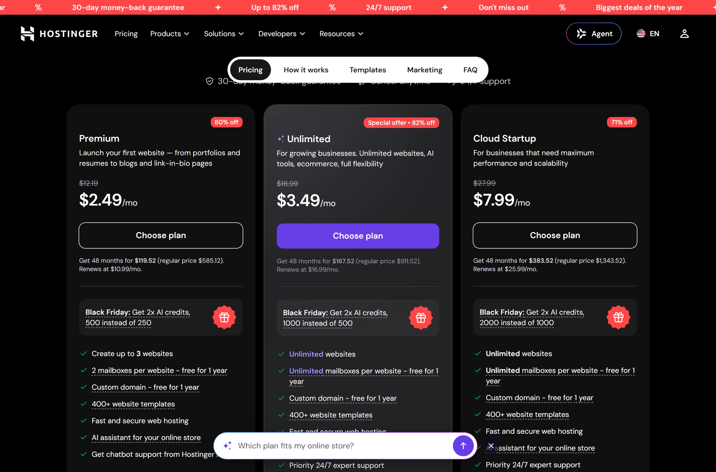 Hostinger: Hostinger's website builder plans on 22 October 2026, US prices.
