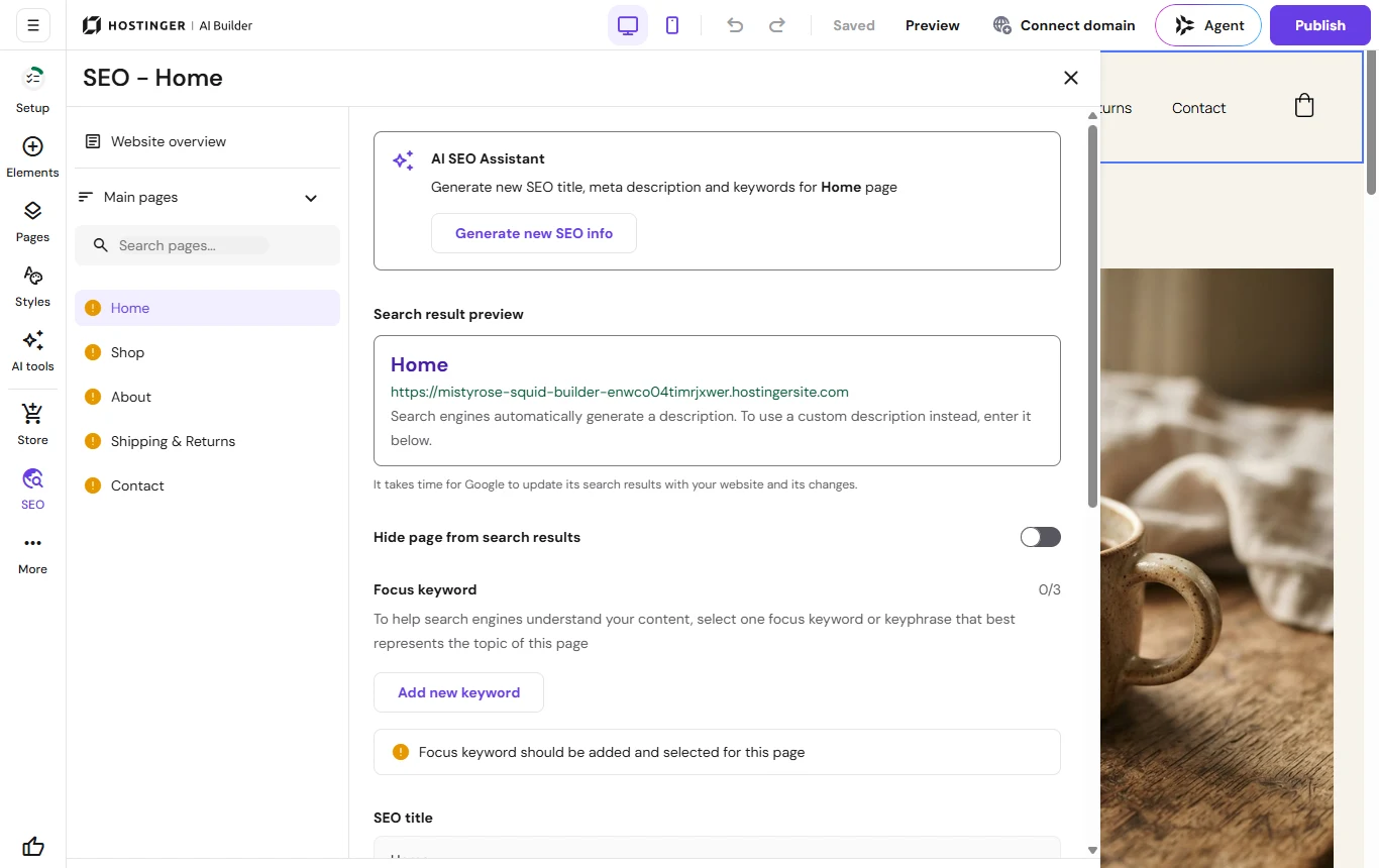 Hostinger: The SEO panel: an AI SEO Assistant and a per-page "Hide page from search results" switch.