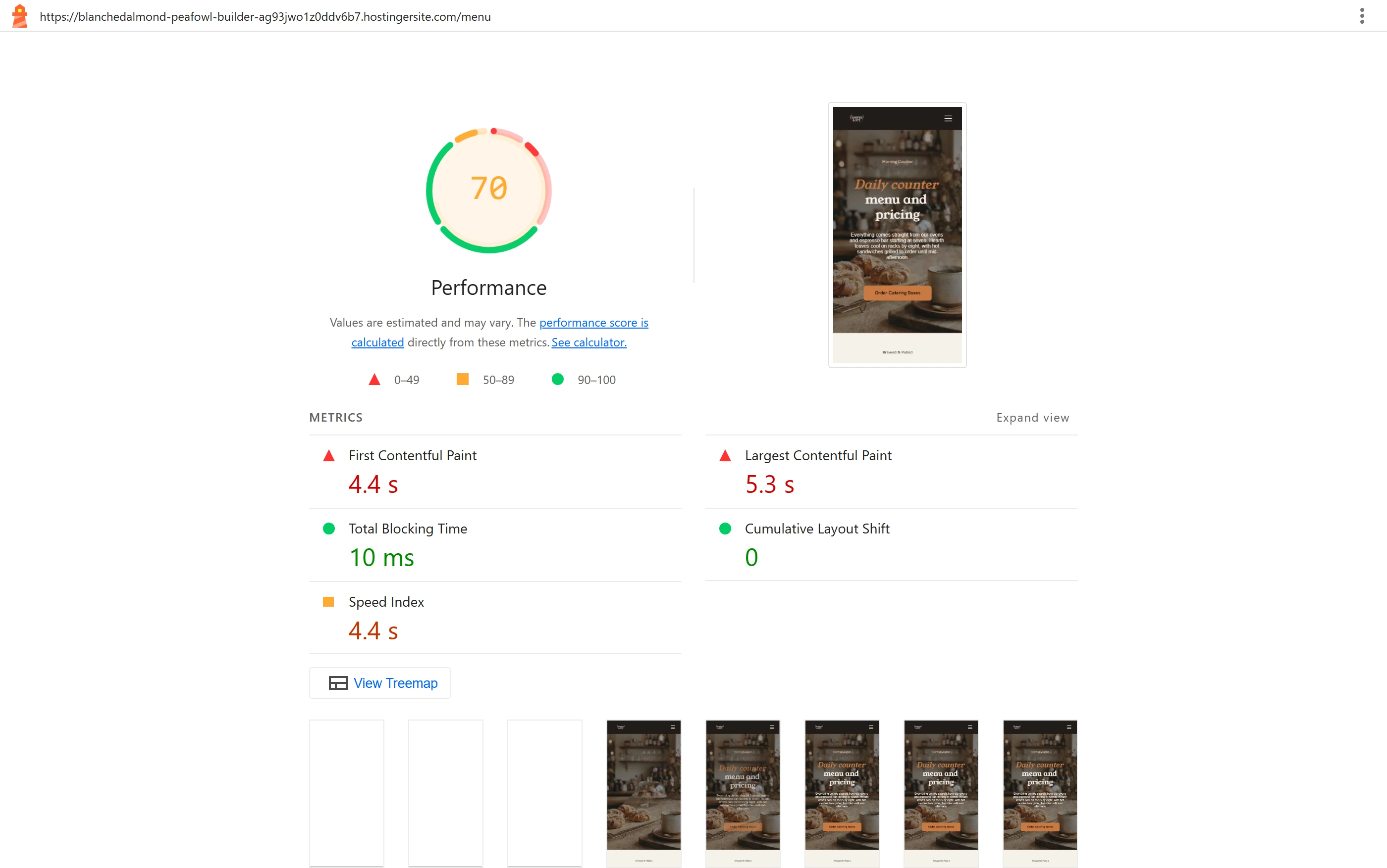 Google Lighthouse mobile report for the Hostinger café menu