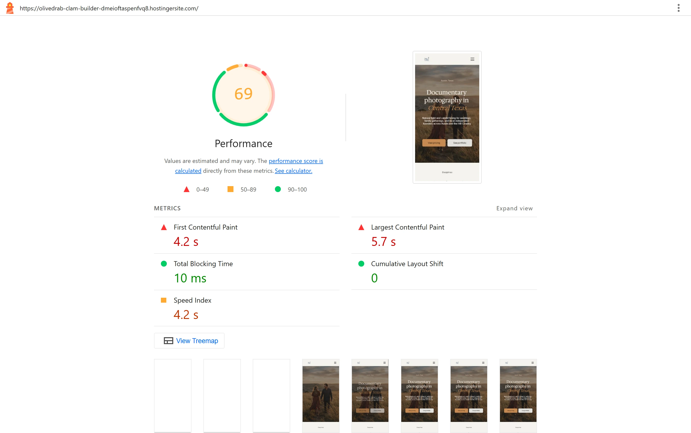 Google Lighthouse mobile report for the Hostinger photographer home