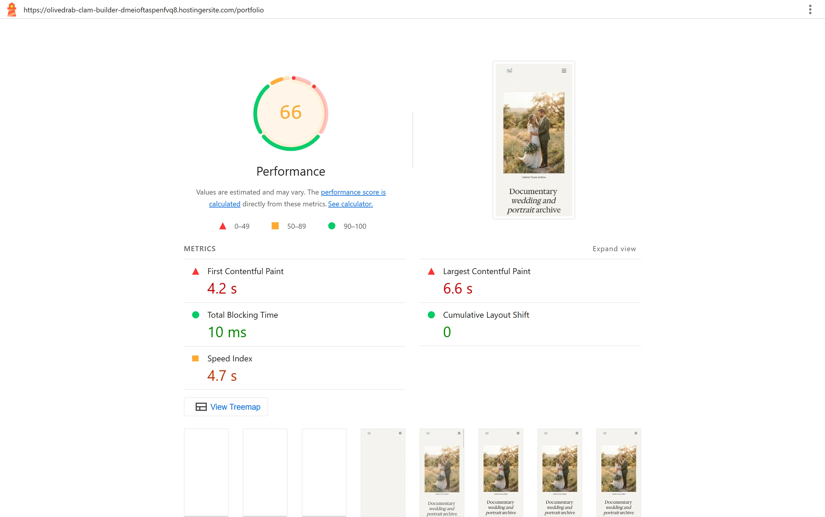 Google Lighthouse mobile report for the Hostinger photographer portfolio