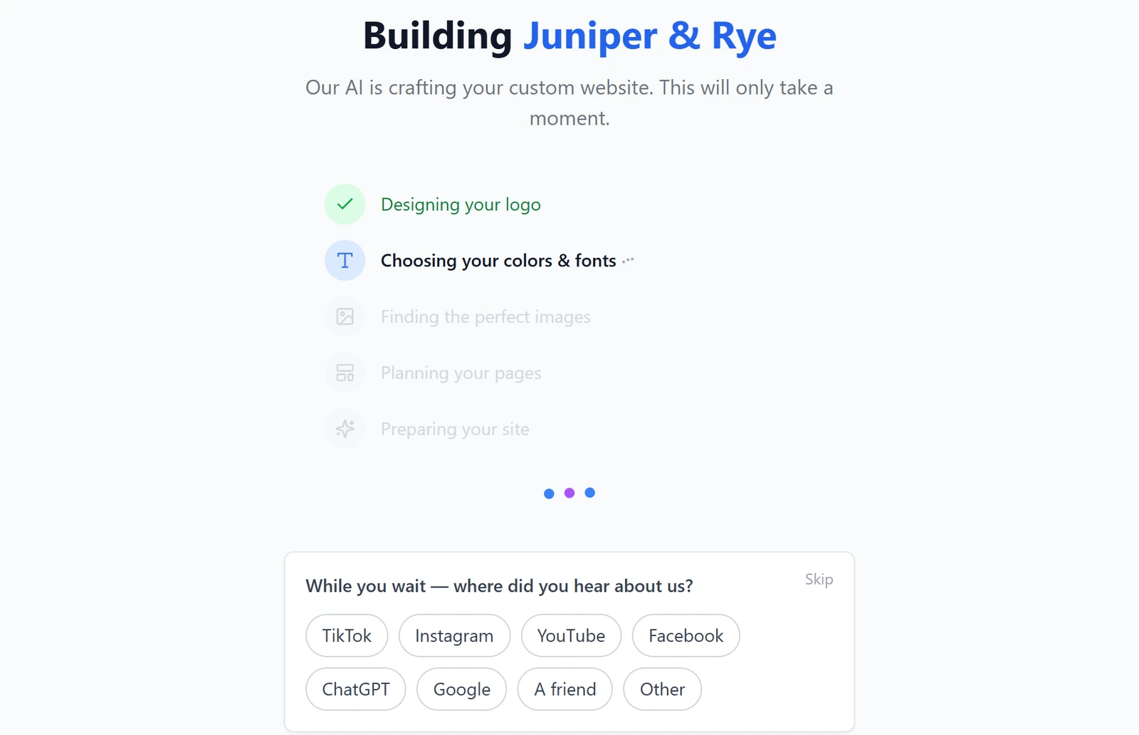 Landingsite's building screen with the steps Designing your logo, Choosing your colors and fonts, Finding the perfect images, Planning your pages and Preparing your site, and an optional question about where I heard of Landingsite