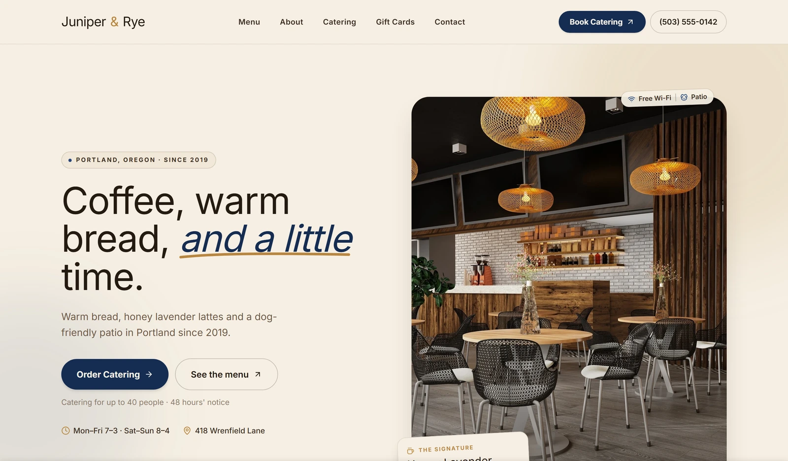 Landingsite's cafe home page after the font and colour edits, with Inter type and deep blue buttons