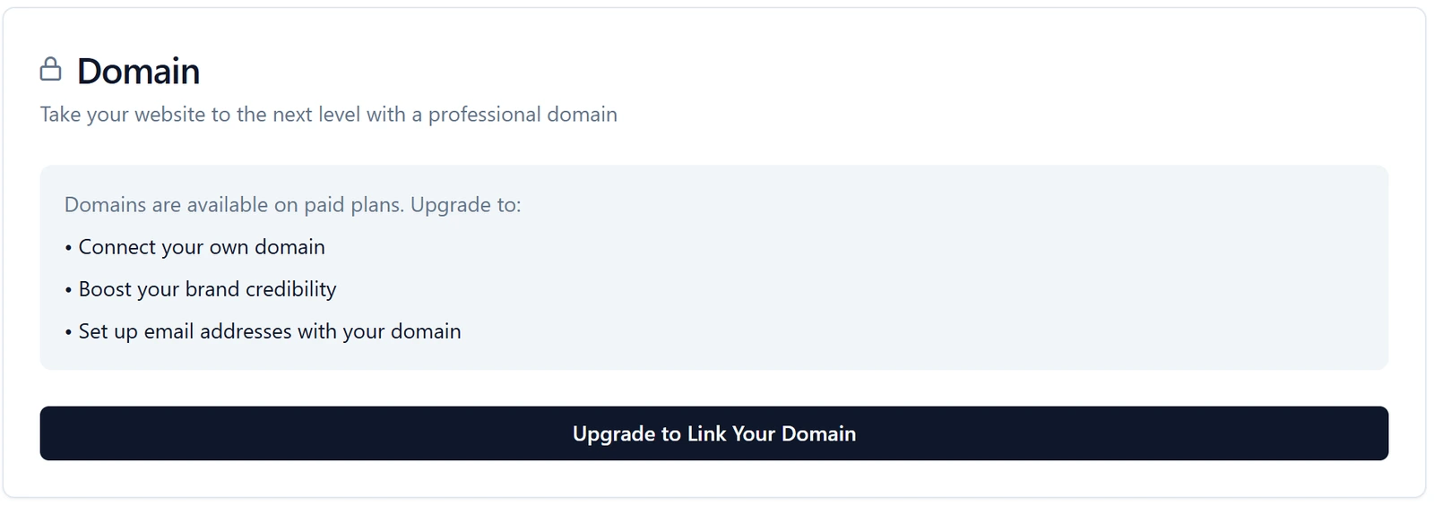 Landingsite's Domain screen with a padlock, the text Domains are available on paid plans and a button reading Upgrade to Link Your Domain