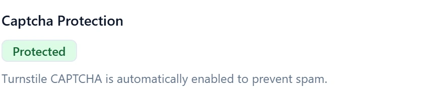 Landingsite's form settings showing Captcha Protection: Protected, Turnstile CAPTCHA is automatically enabled to prevent spam