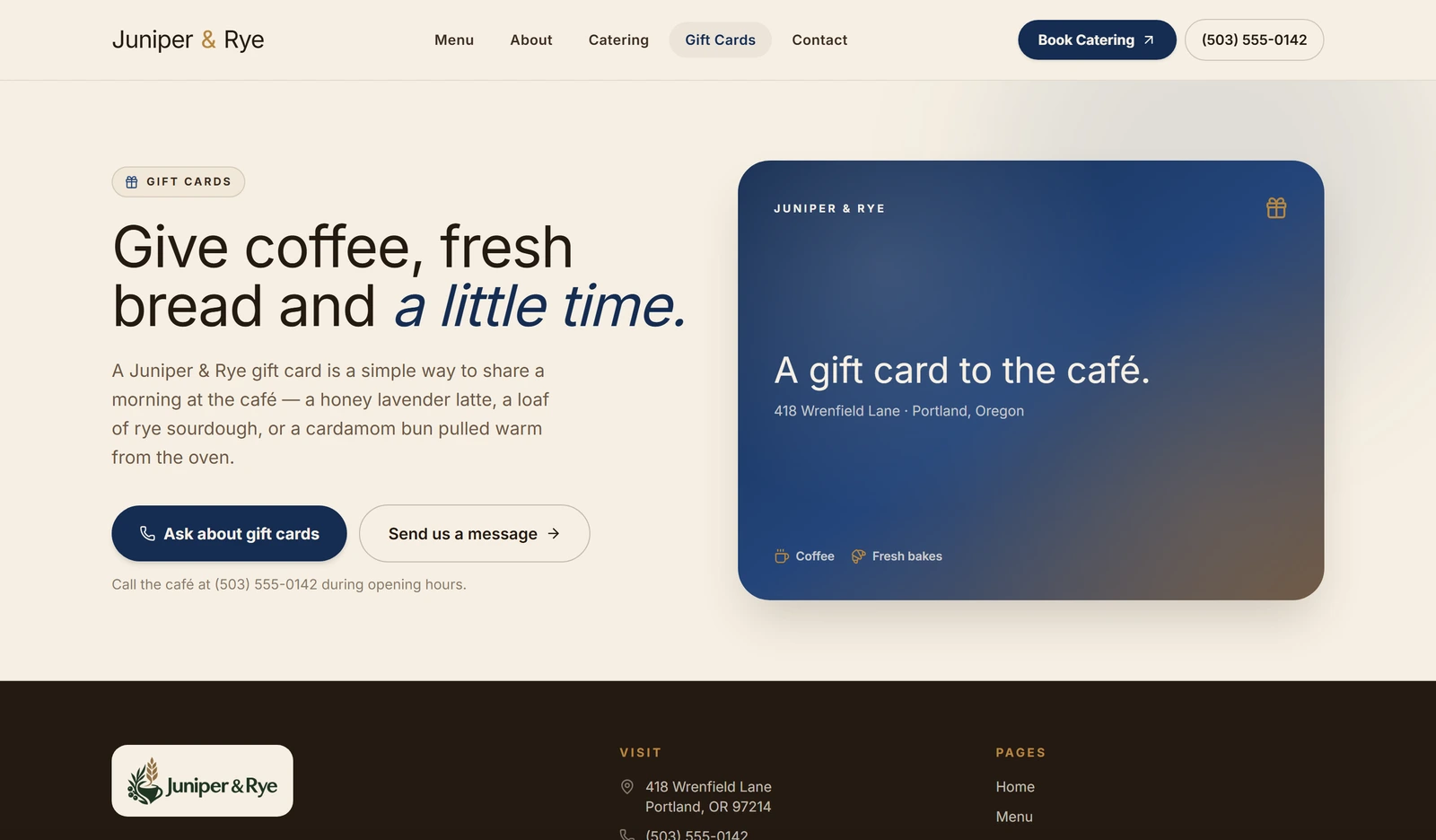 A Gift Cards page on the cafe site made from one chat message, with a blue gift card and a Gift Cards link in the menu