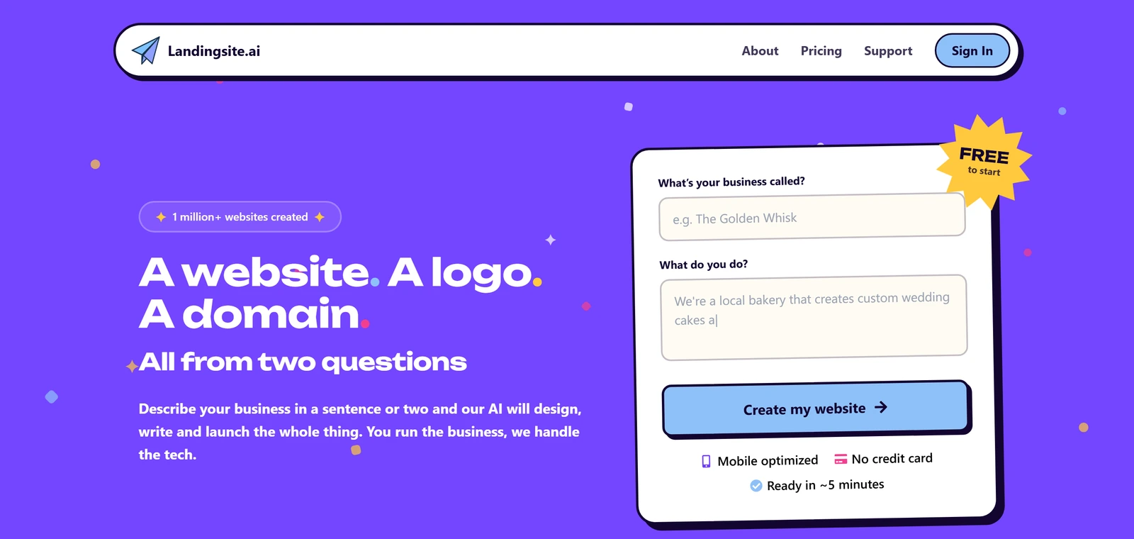 Landingsite.ai's own home page with the headline A website. A logo. A domain. All from two questions, and a form with the boxes What's your business called and What do you do