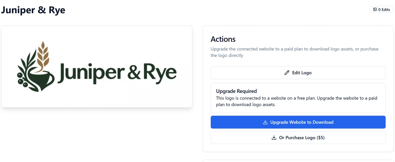 A logo page for Juniper & Rye that says Upgrade the connected website to a paid plan to download logo assets, or purchase the logo directly for $5