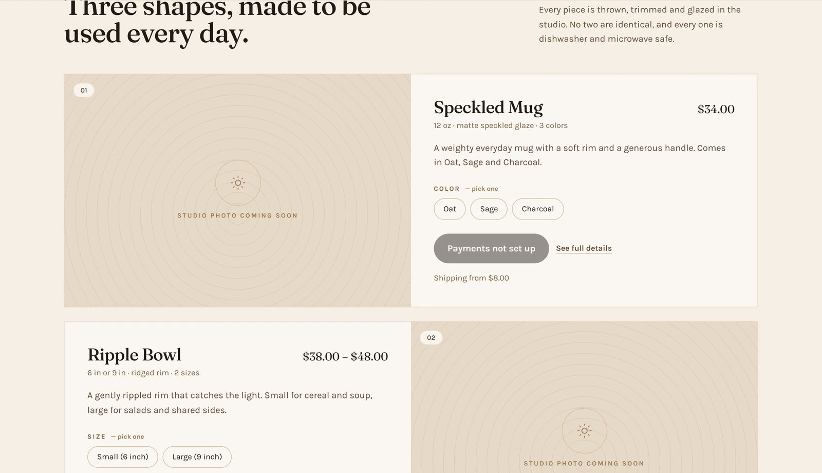 Landingsite's shop first draft with a product card for the Speckled Mug and a Ripple Bowl card, each with a beige box that reads Studio photo coming soon