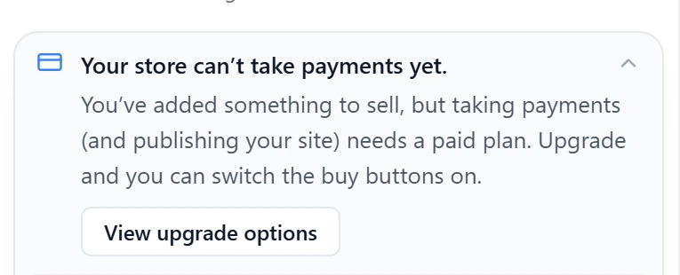 A panel reading Your store can't take payments yet, with a View upgrade options button