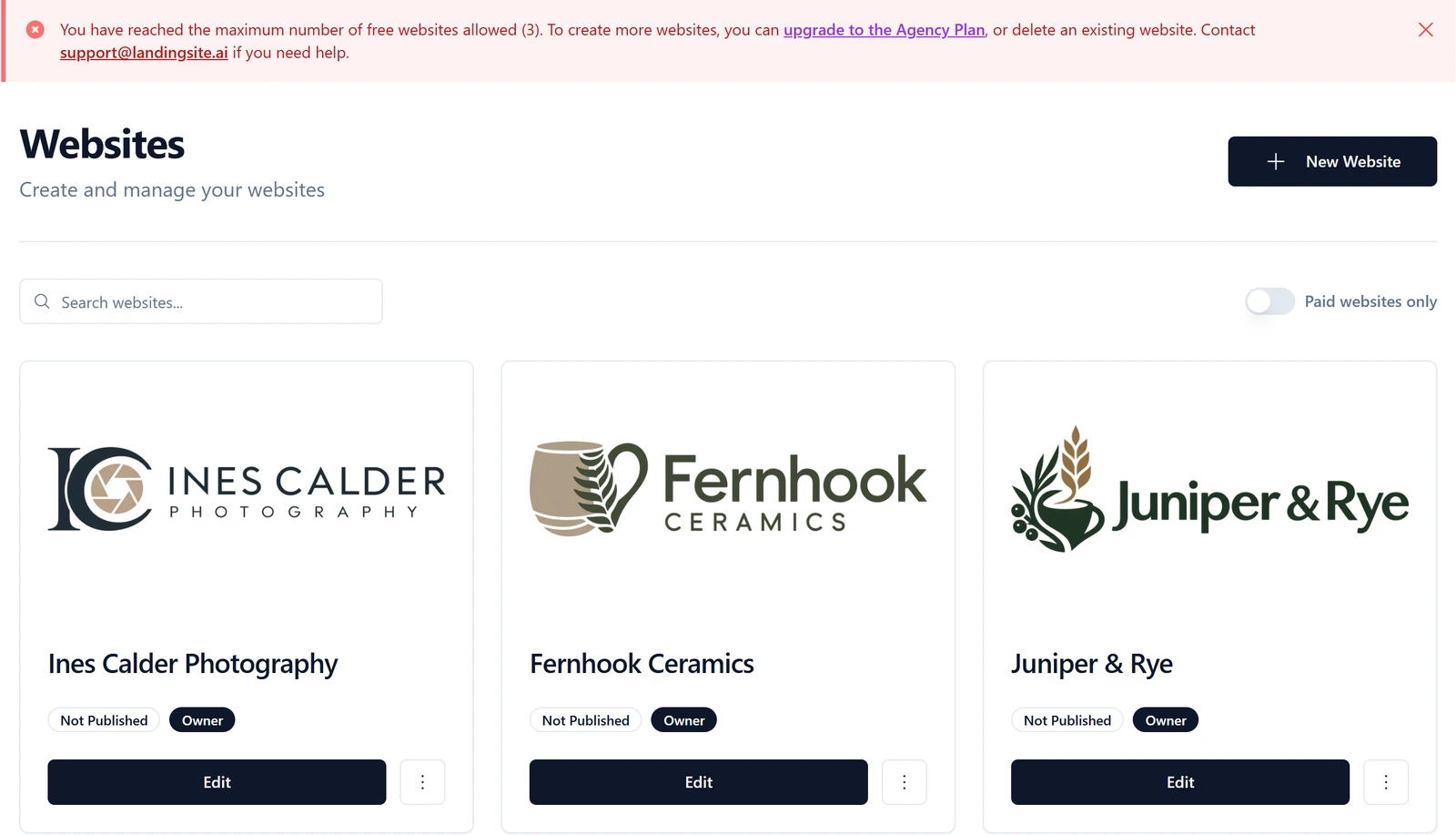 Landingsite's websites list with a red notice that says You have reached the maximum number of free websites allowed (3), above three cards for Ines Calder Photography, Fernhook Ceramics and Juniper & Rye