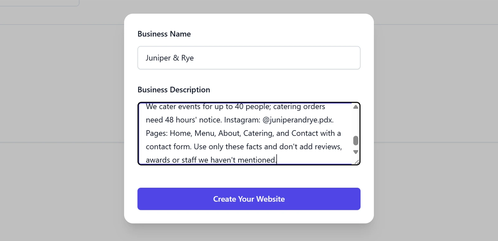 Landingsite's New Website form with a Business Name box filled with Juniper & Rye and a Business Description box holding the end of the cafe brief