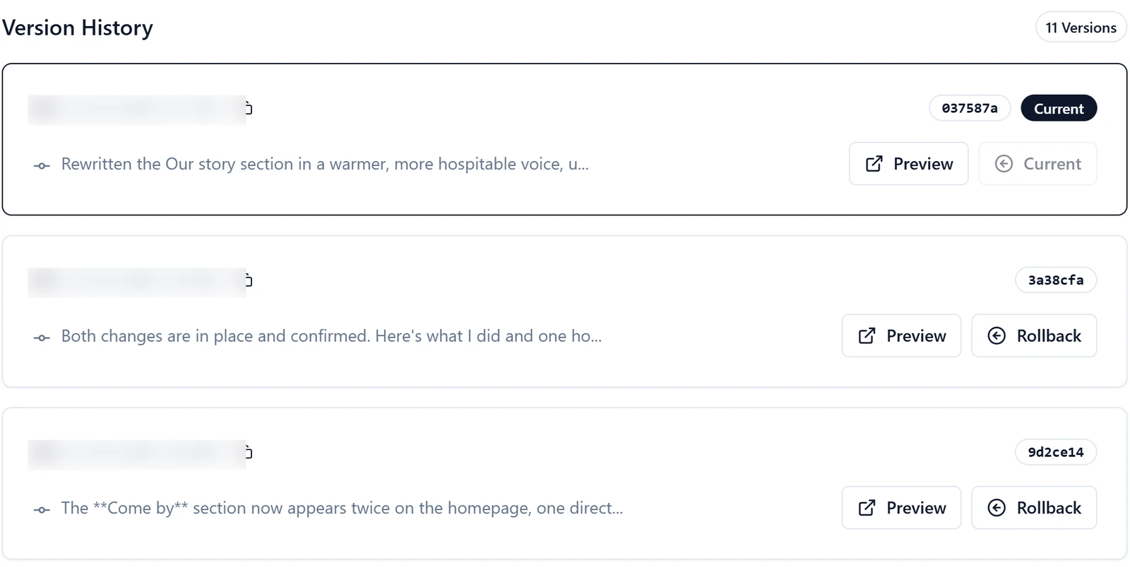 Landingsite's version history for the cafe site with 11 versions, each with a short description, a Preview button and a Rollback button