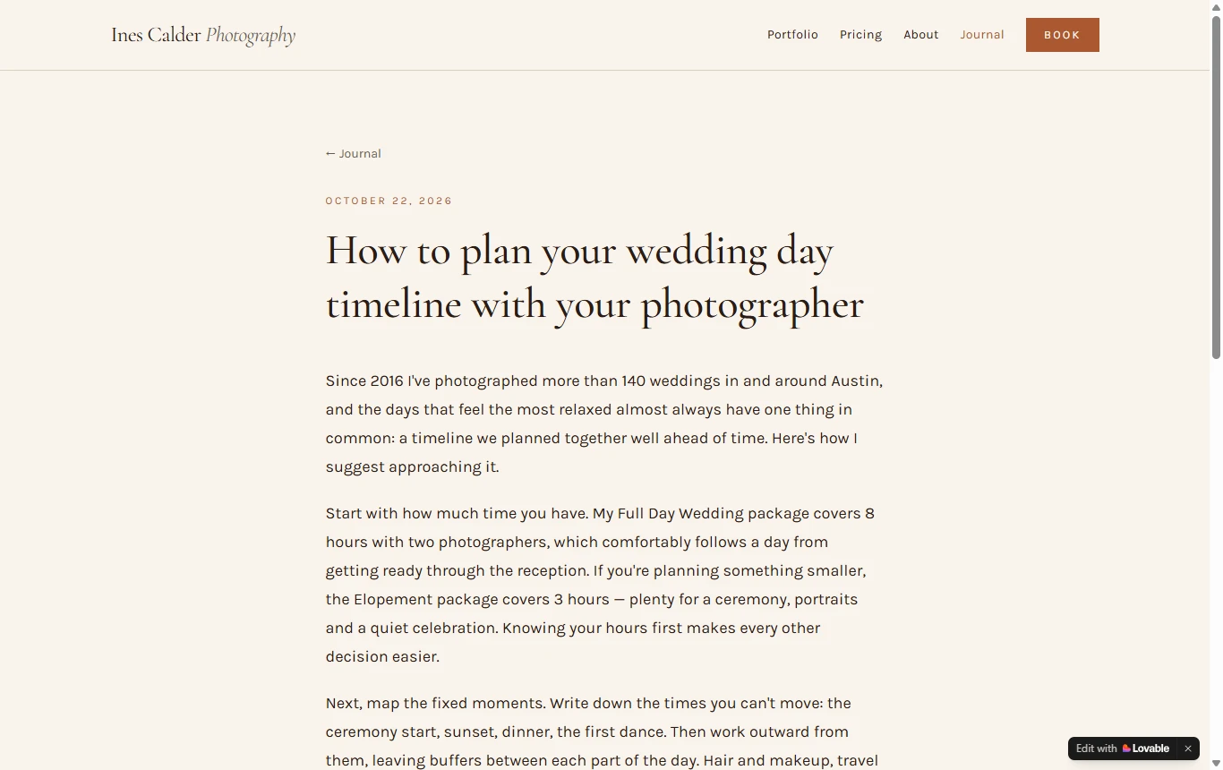 Lovable: The first blog post Lovable's AI wrote, live on the photographer site.