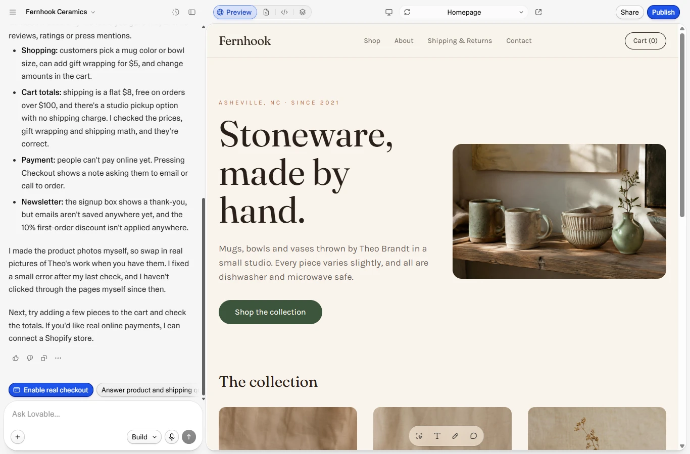 Lovable: After building the shop, the AI listed what worked and what didn't yet, like online payment.