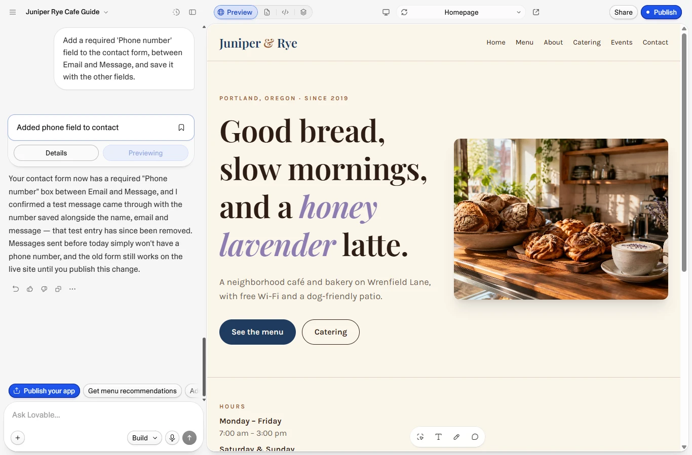 Lovable: Adding a required phone number field to the café's contact form by chat.