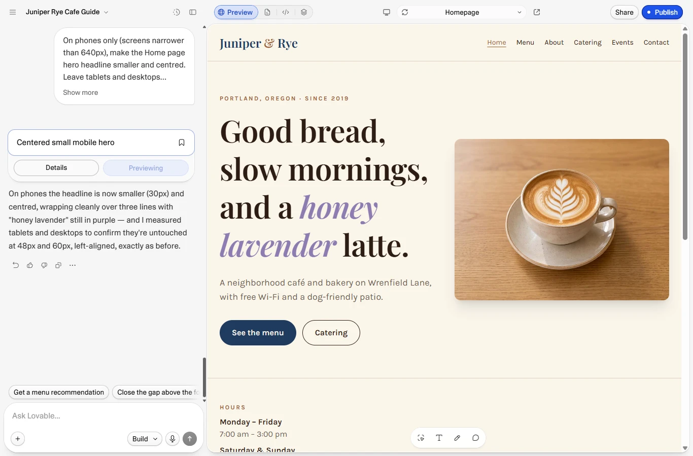 Lovable: Centring the headline on phones only, by chat.