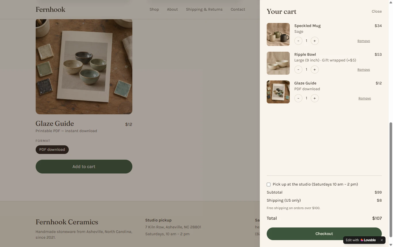Lovable: The test shop's cart with a mug, a gift-wrapped bowl and the Glaze Guide PDF, $107 in total.