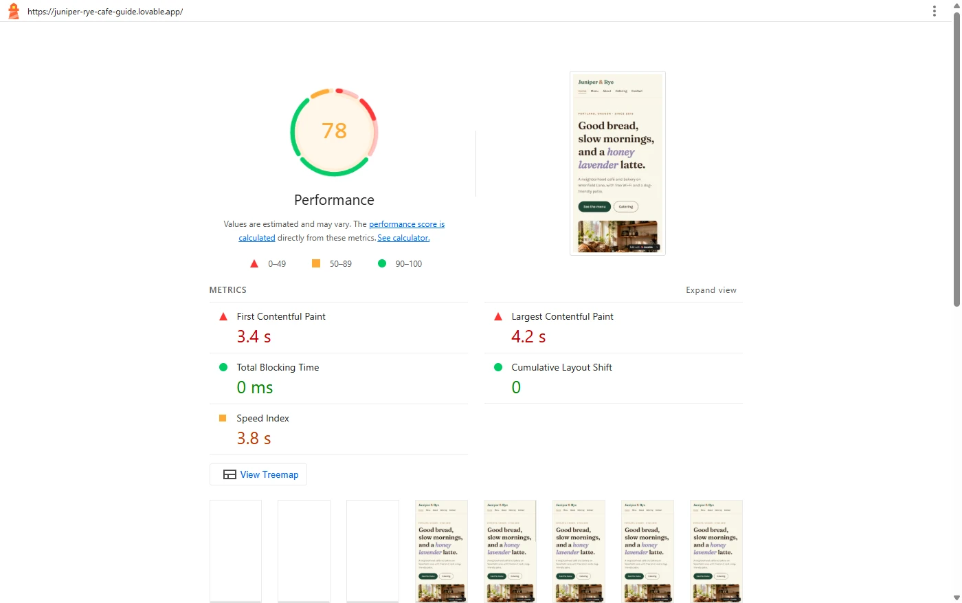 Google Lighthouse mobile report for the Lovable café home