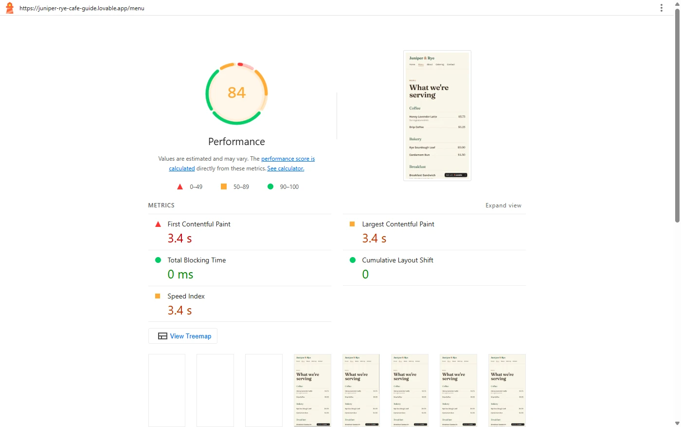 Google Lighthouse mobile report for the Lovable café menu