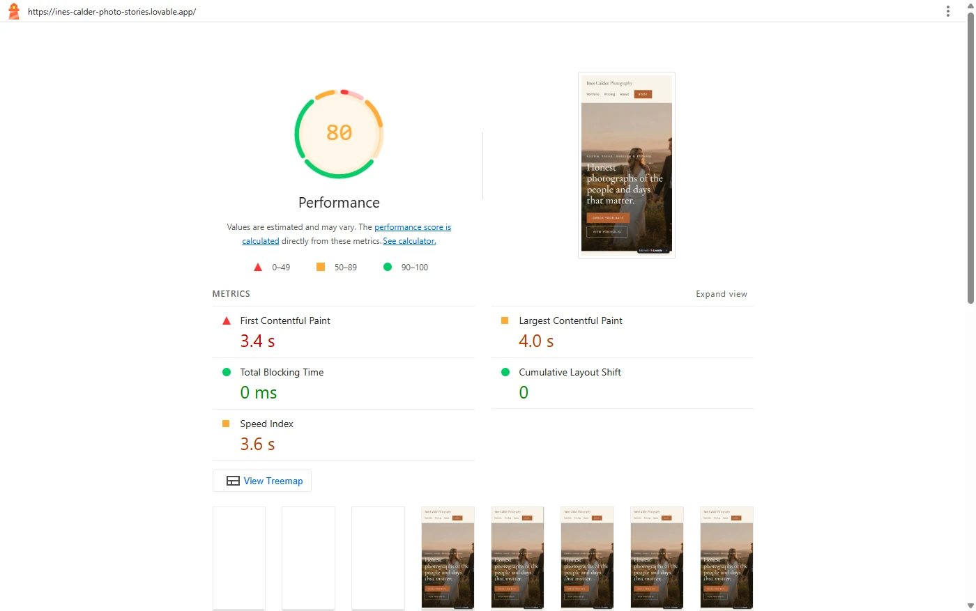 Google Lighthouse mobile report for the Lovable photographer home