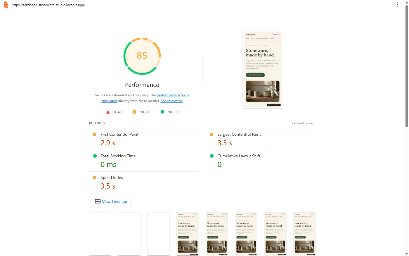 Google Lighthouse mobile report for the Lovable shop home