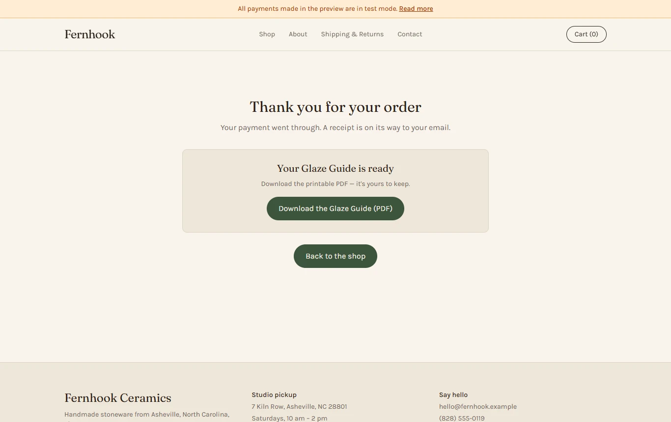 Lovable: The thank-you page after the test order, with the Glaze Guide download button.
