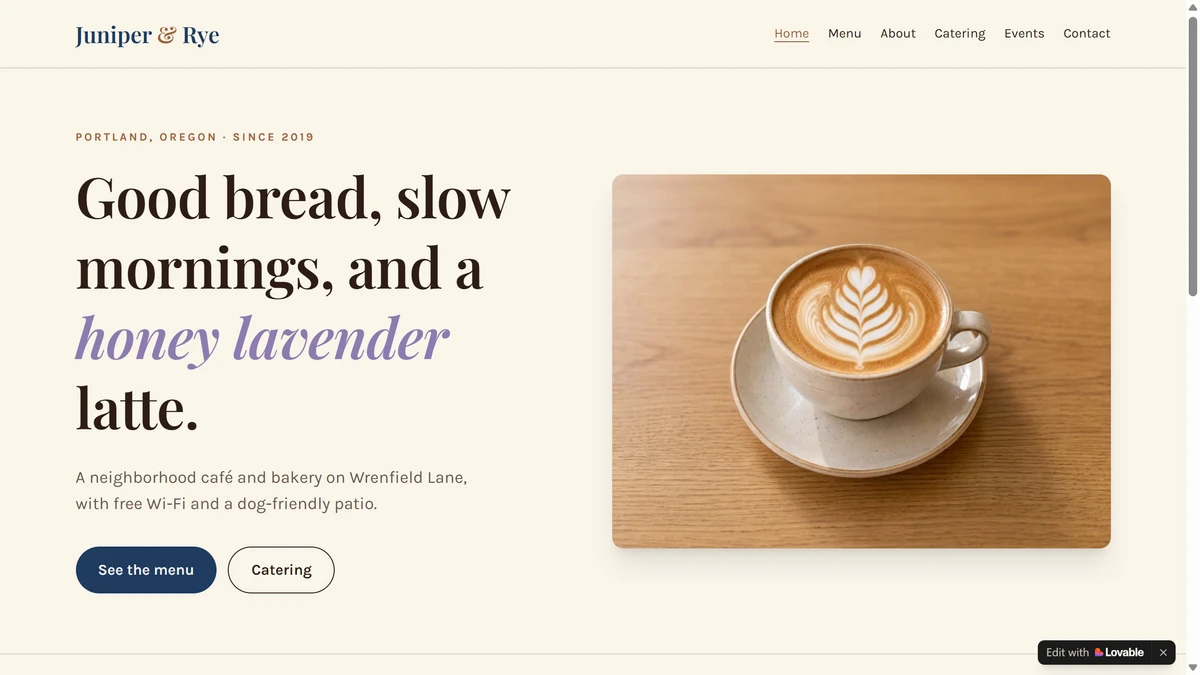 Lovable: The café as Lovable built it, with the address, hours and menu from the brief.
