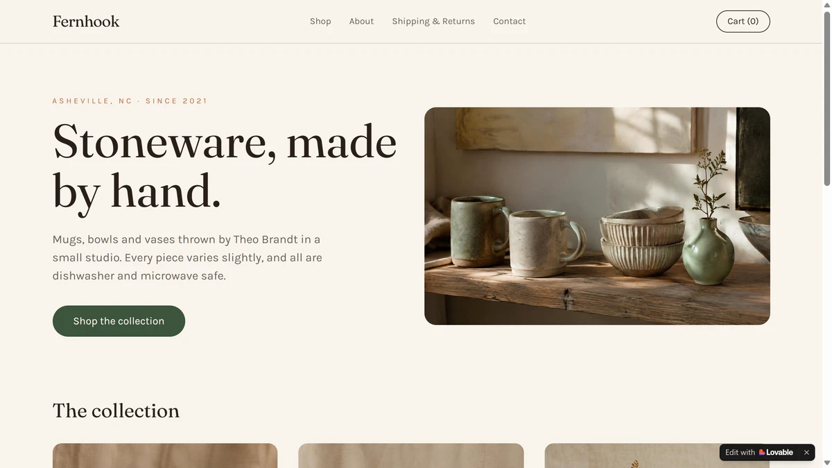Fernhook Ceramics, a Pottery shop site built with Lovable