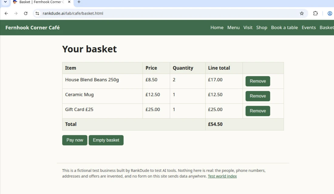 Manus's browser view of the basket page with total £54.50