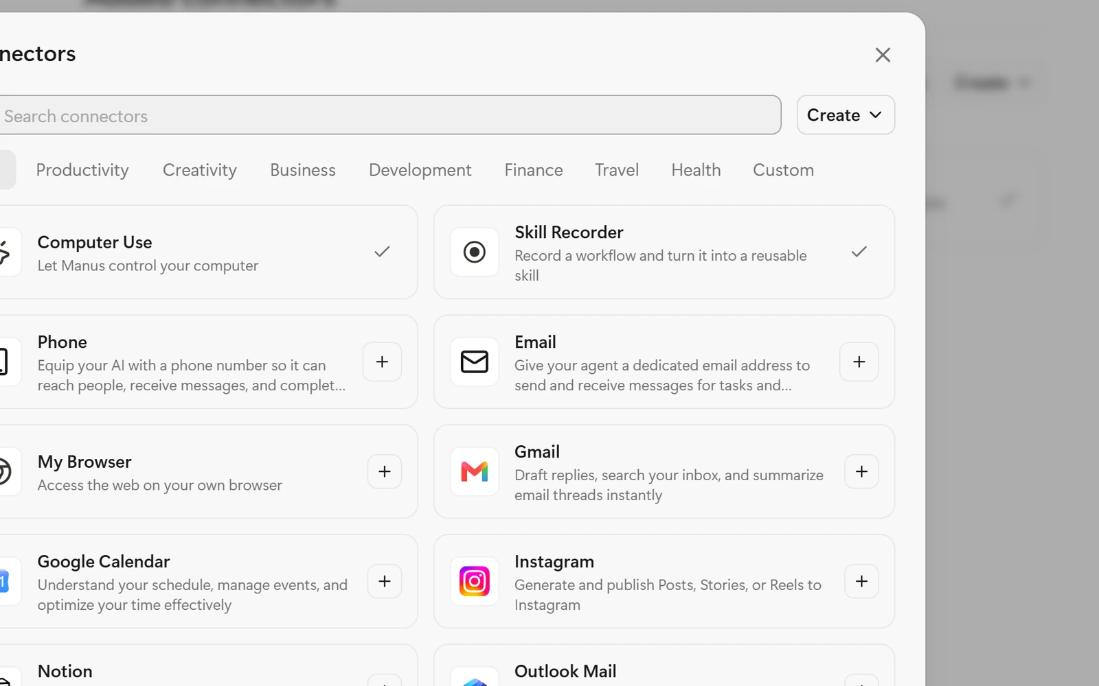 Manus Connectors list showing Skill Recorder, Email, Gmail and Instagram with plus buttons to add them