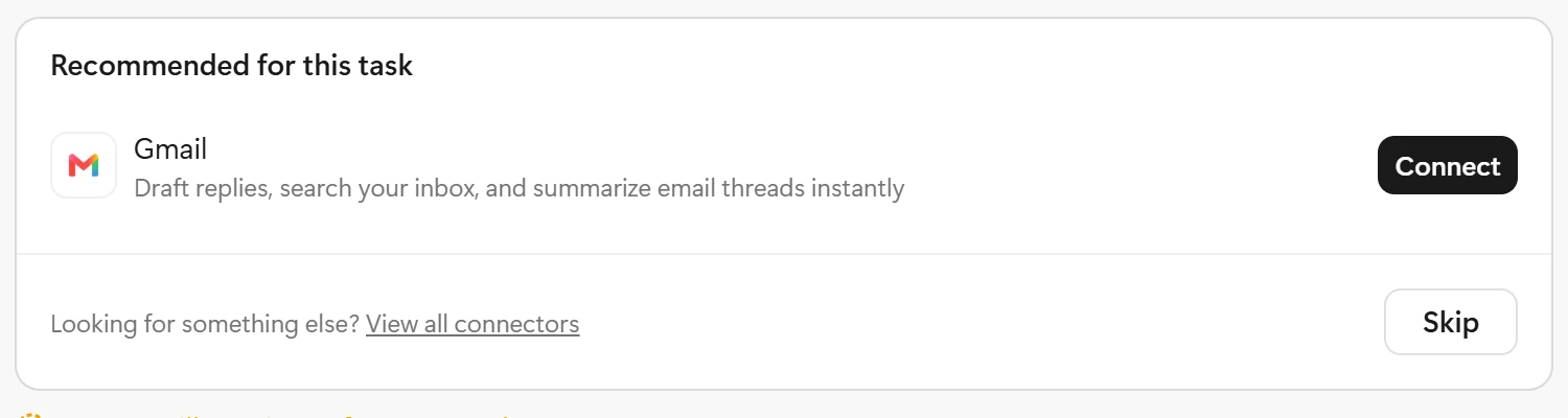 Manus asking Recommended for this task, Gmail, with Connect and Skip buttons after I asked it to send an email