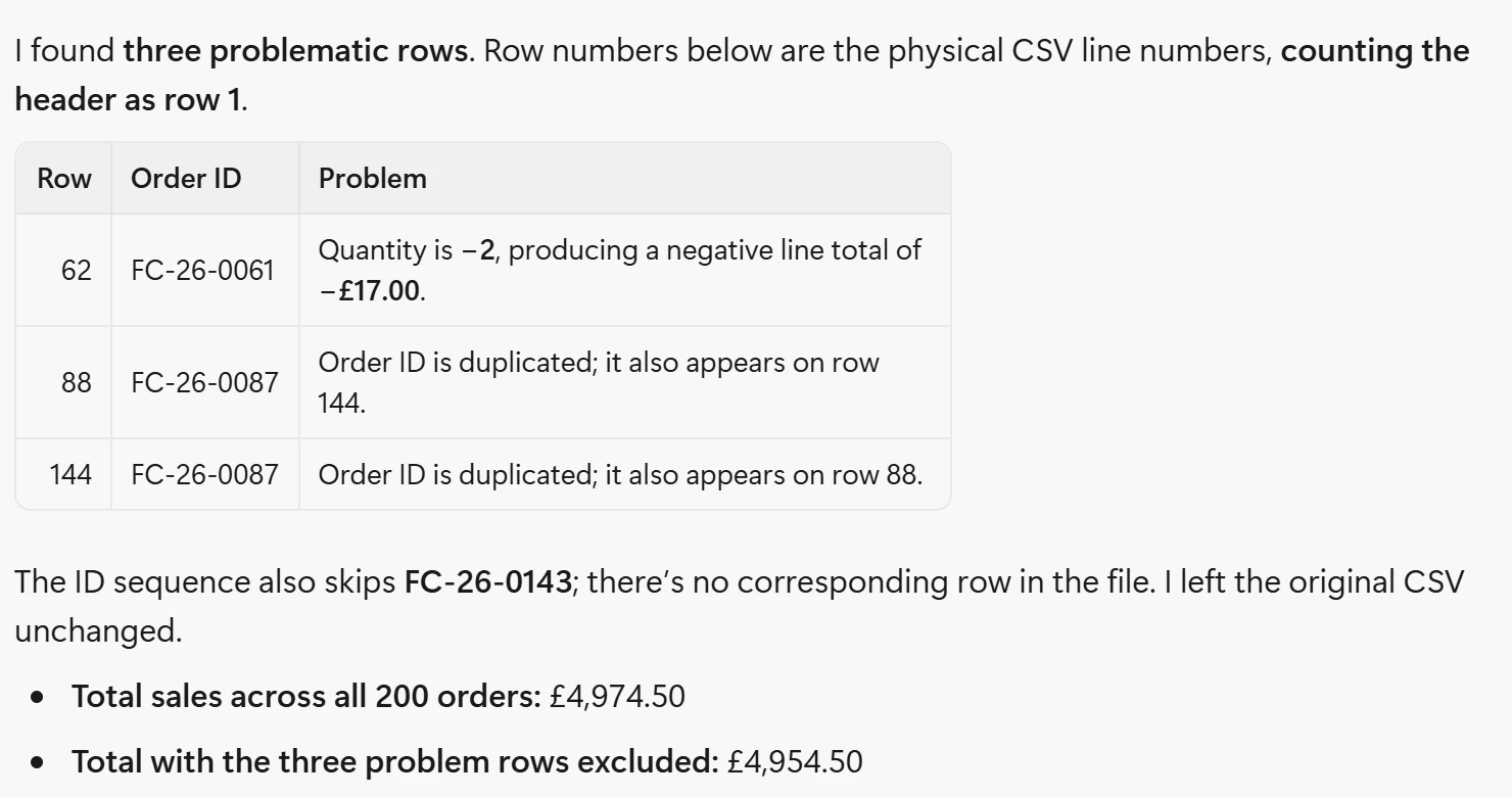 Manus's answer on the orders file listing three problem rows and a total with the problem rows left out of £4,954.50