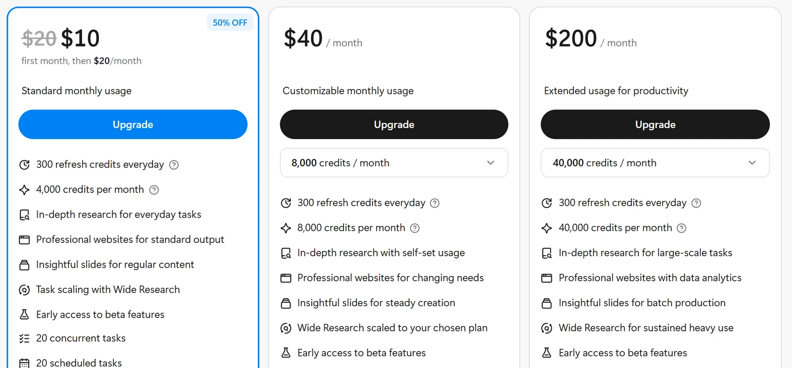 Manus pricing page showing the three paid plans, each with its monthly credits