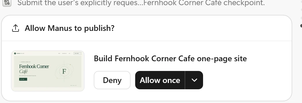 Manus asking Allow Manus to publish? for Build Fernhook Corner Cafe one-page site, with Deny and Allow once buttons