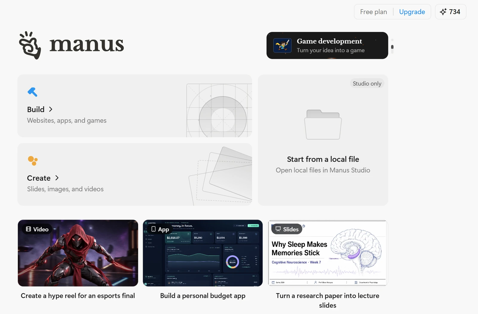 Manus home screen on the free plan with the Build, Create and Start from a local file tiles and a balance of 734 credits
