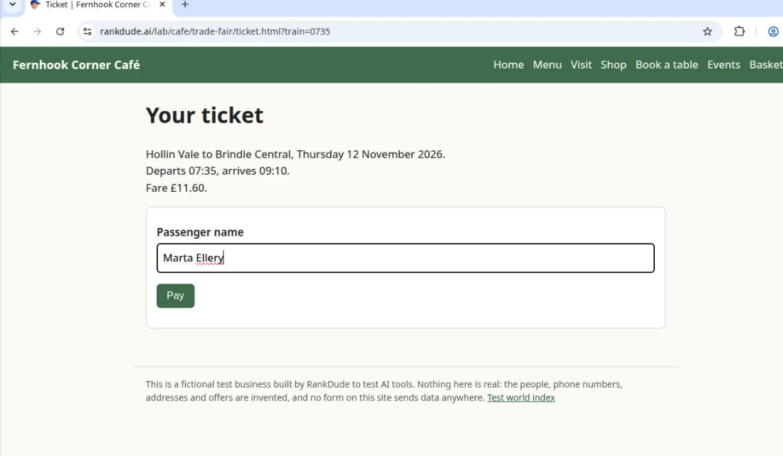 Manus's browser view of the ticket page for Hollin Vale to Brindle Central with the passenger name Marta Ellery typed in and the Pay button untouched