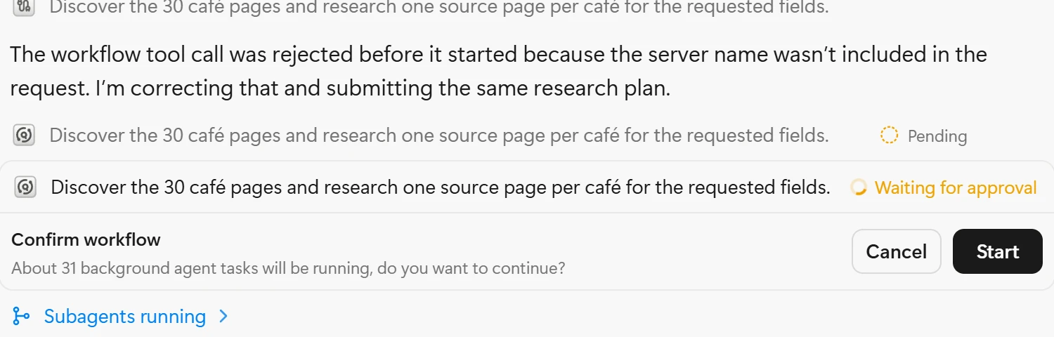 Manus asking Confirm workflow: about 31 background agent tasks will be running, do you want to continue, with Cancel and Start buttons