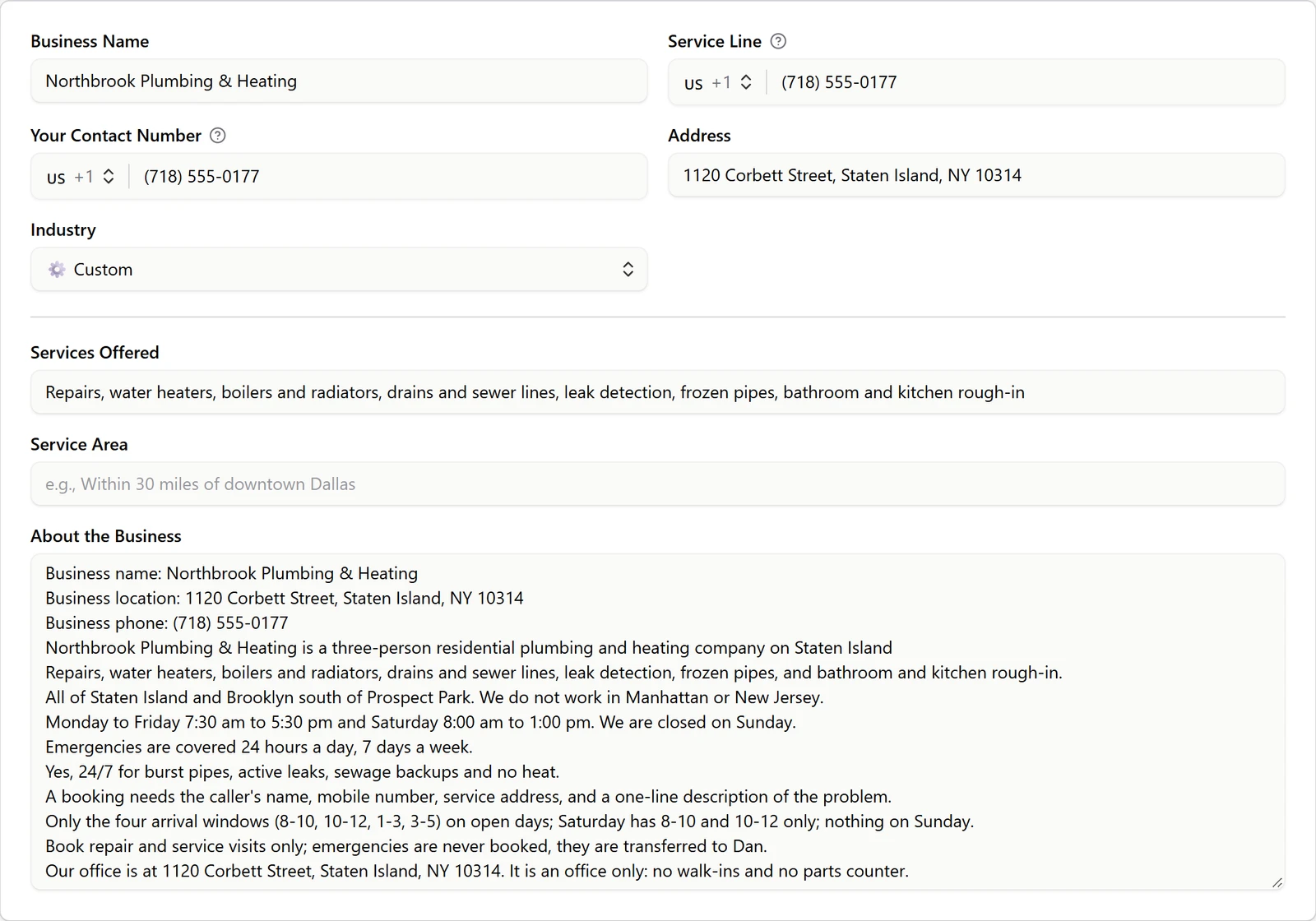 Marlie's Business page for Northbrook Plumbing and Heating, showing the name, address, services and the hours, service area and emergency rule it read from the firm's page