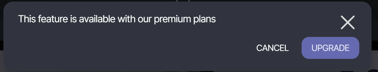 A Mobirise dialog reading This feature is available with our premium plans with Cancel and Upgrade buttons