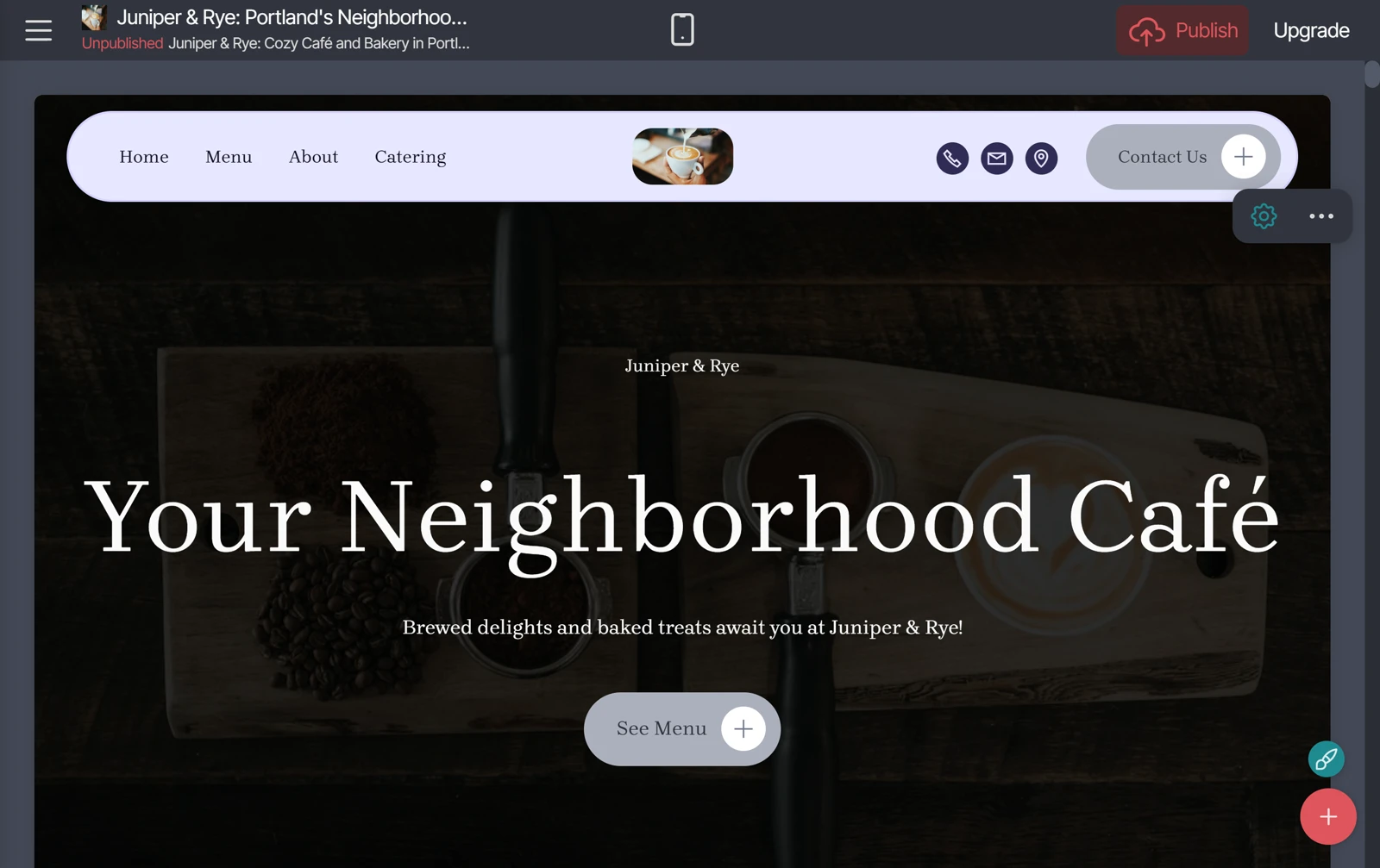 Mobirise's visual editor showing the cafe Home page with a menu bar, a headline Your Neighborhood Cafe and a See Menu button