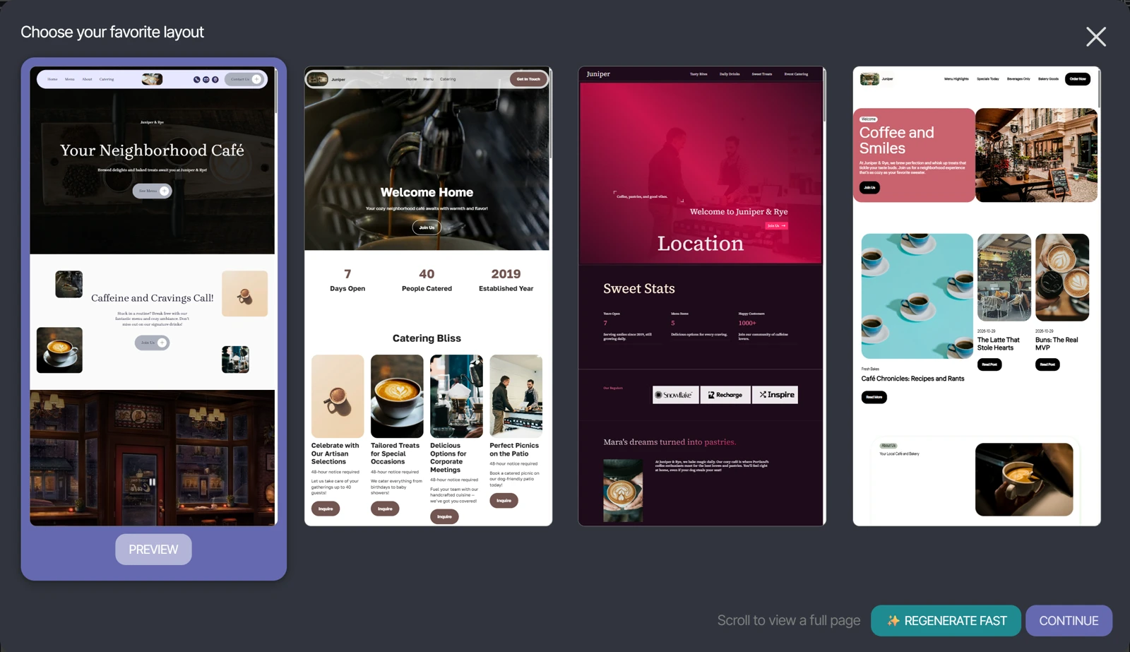 Mobirise AI's Choose your favorite layout window with four different cafe home page designs side by side and a Continue button