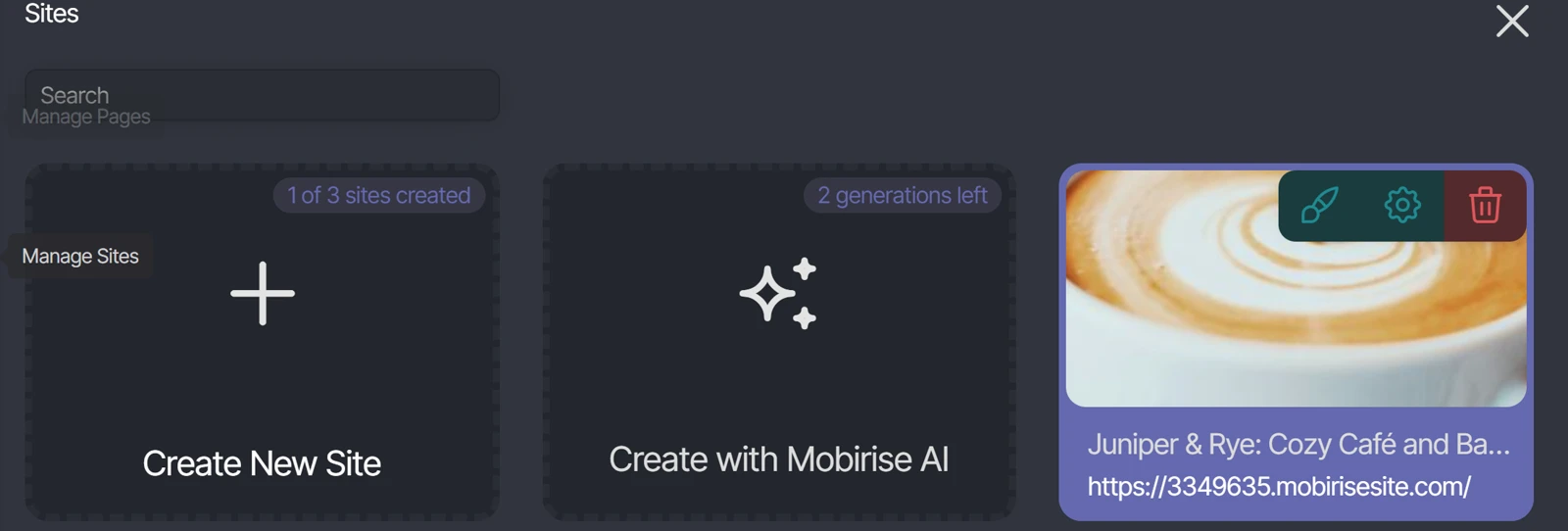Mobirise's Sites panel with 1 of 3 sites created, a tile Create with Mobirise AI marked 2 generations left, and the cafe site tile