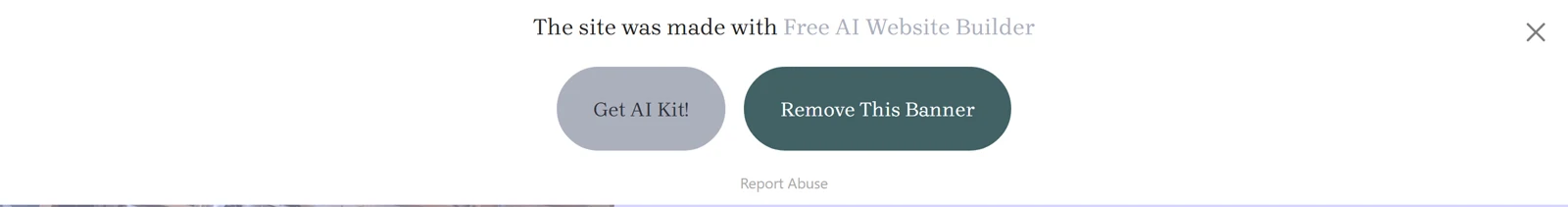 A banner over the published site reading The site was made with Free AI Website Builder with buttons Get AI Kit and Remove This Banner