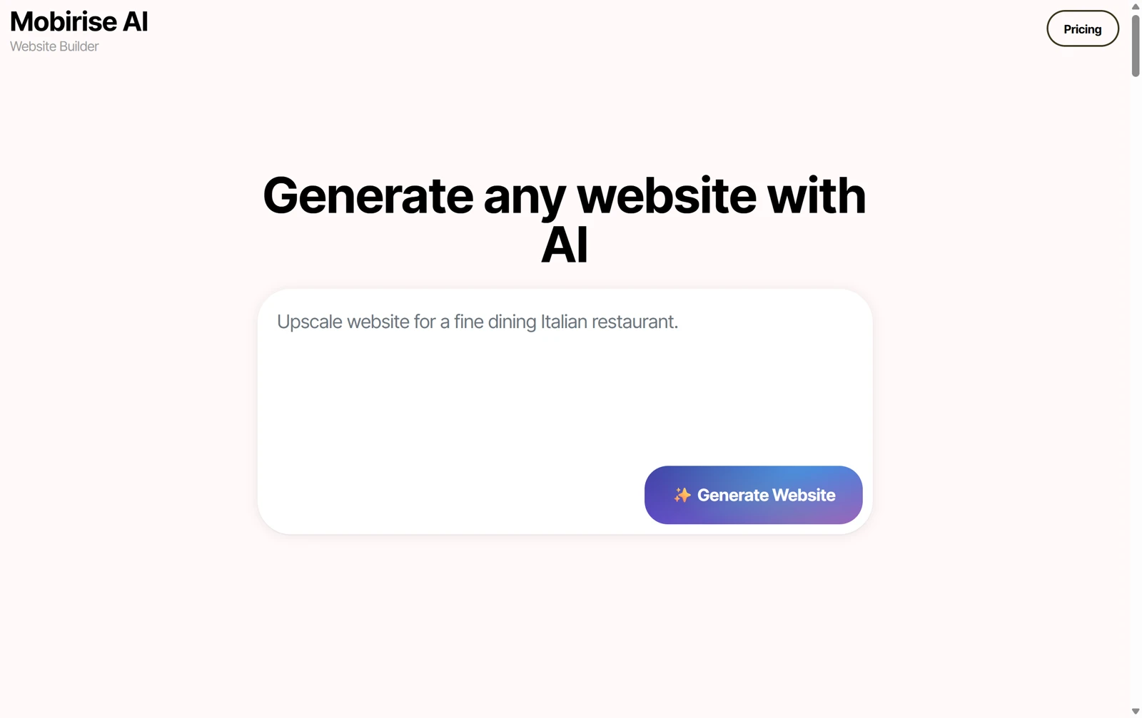 Mobirise AI's own home page with the headline Generate any website with AI, a box to describe the website and a Generate Website button