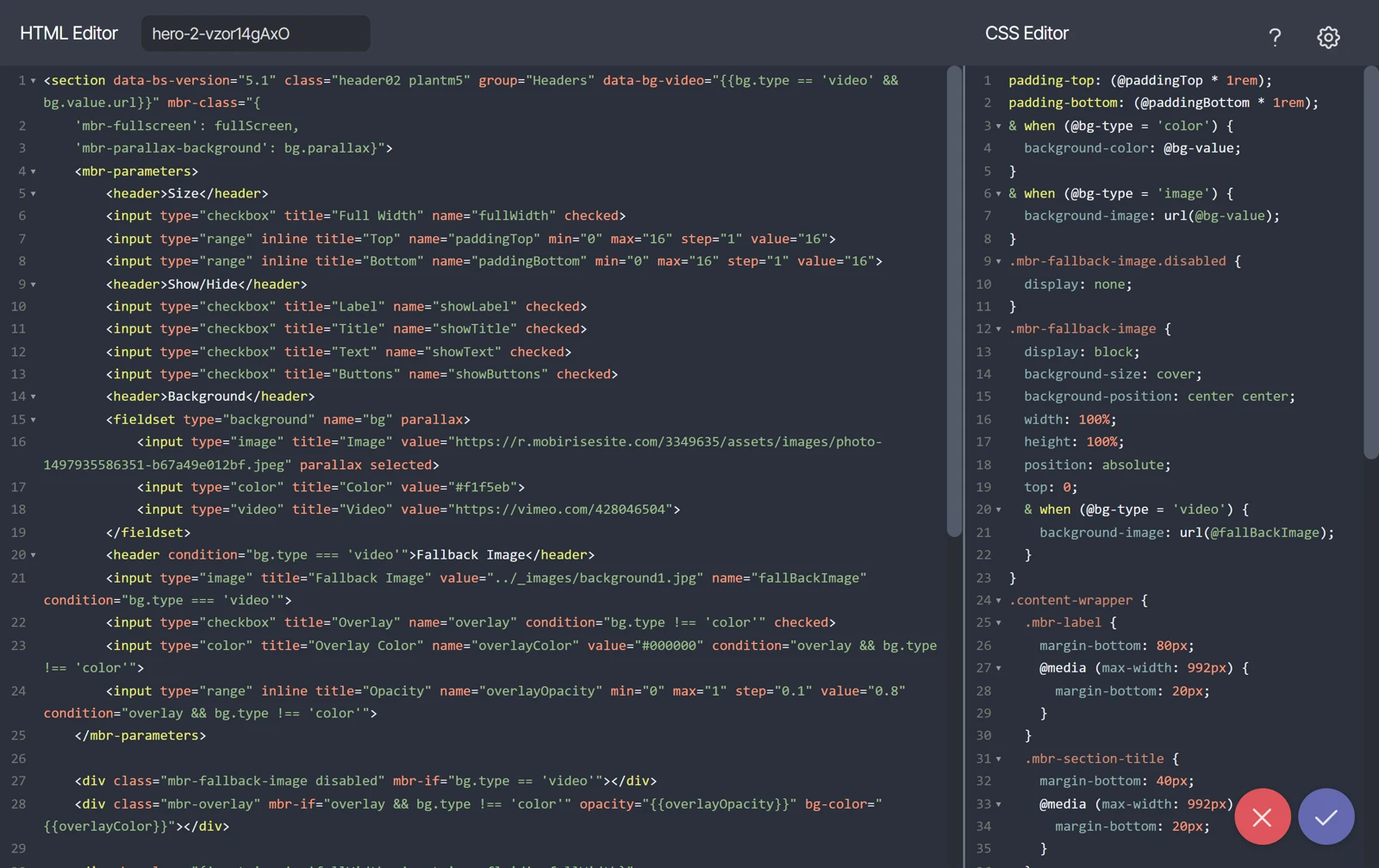 Mobirise's HTML Editor and CSS Editor side by side with the code of the hero block, opened on the free plan