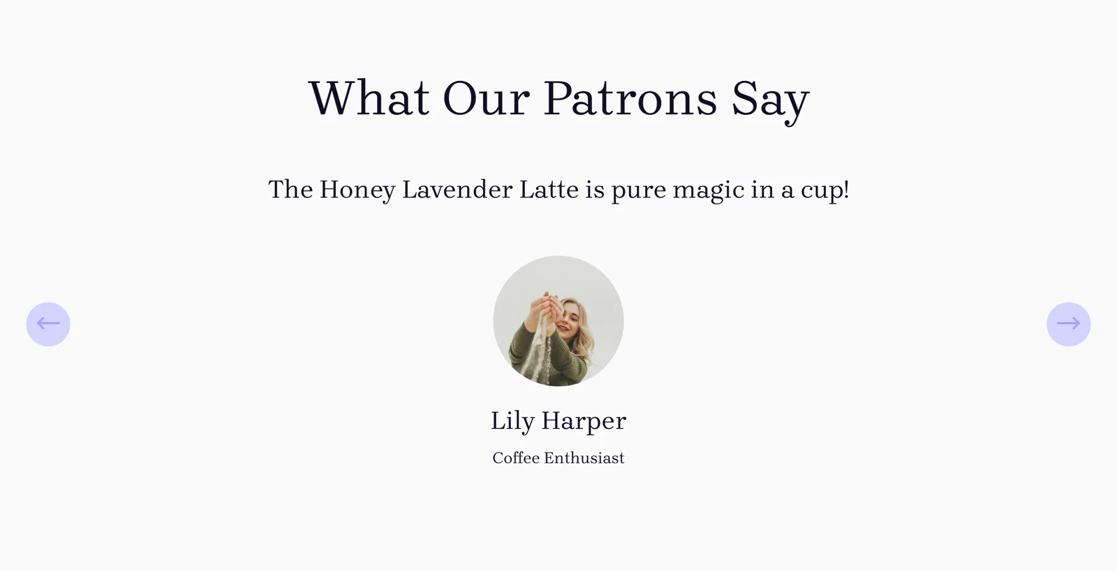 The published cafe site with a What Our Patrons Say section quoting a customer named Lily Harper, Coffee Enthusiast