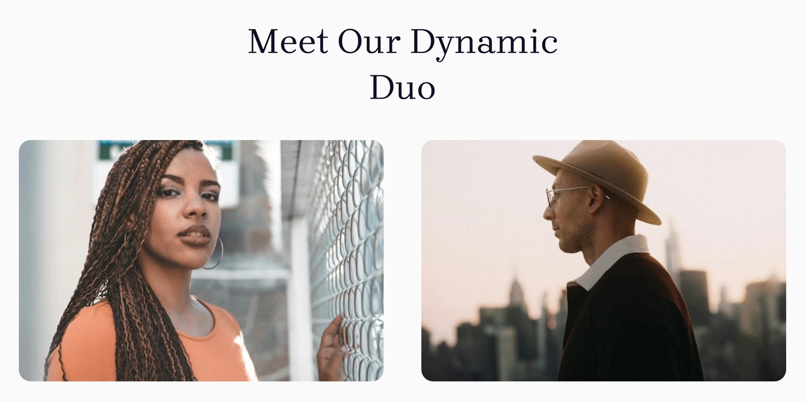 The published cafe site with a Meet Our Dynamic Duo section showing four stock photo people titled Friendly Barista, Cafe Specialist and Pastry Chef