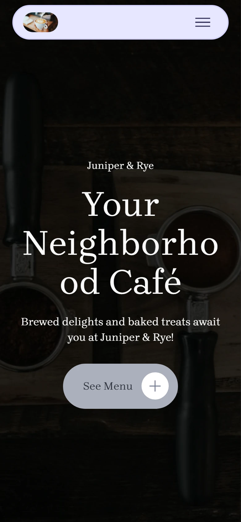 The published Juniper and Rye cafe site on a phone with the headline Your Neighborhood Cafe split in the middle of the word Neighborhood
